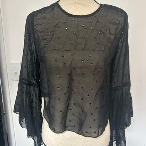 Forever 21 Women’s Small Sheer Star Print Blouse Bell Sleeve Semi Sheer Top